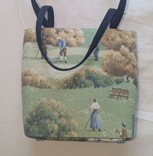 Green Vintage Golf Scene Tapestry Tote Bag with Black Straps and Rhinestones